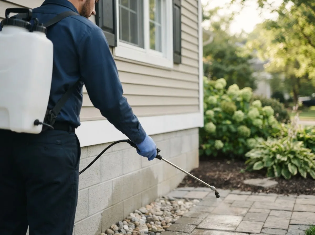 Pest control technician inspecting a home in Little Lake, MI